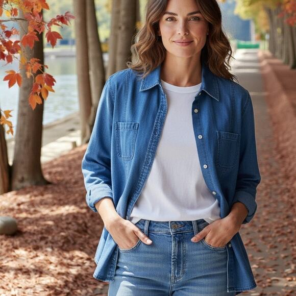 TALBOTS WOMAN Denim Shirt Blue 100% Cotton Double Breast Pocket - 18W - Picture 1 of 9